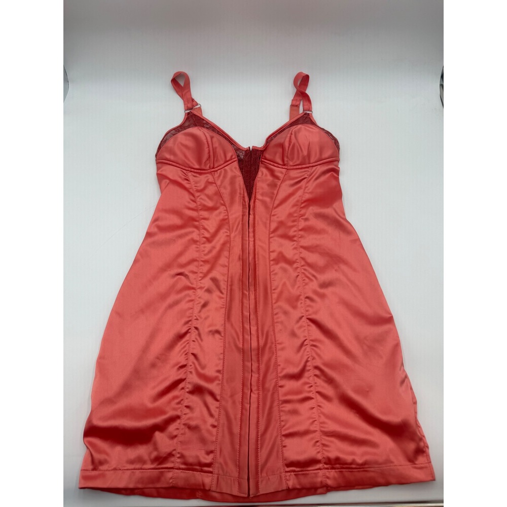 Urban Outfitters Coral Pink Satin Lace Trim Corset Hook and Eye Mini Dress M